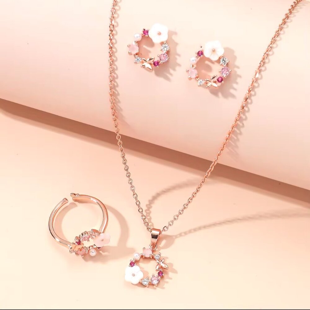 Rose Gold-Color Flower Fashion 4 Piece Jewelry Set NEW